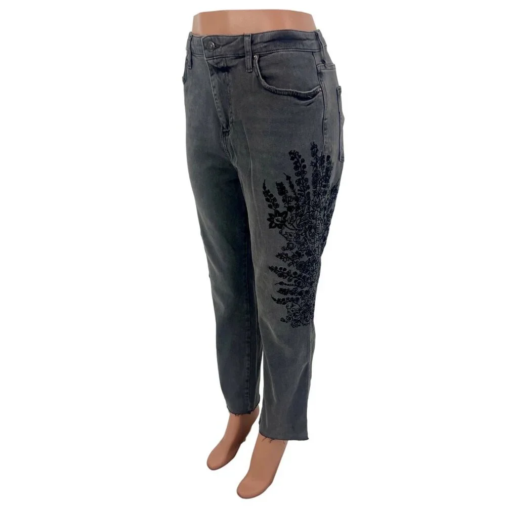 NWOT Free People Gray Embroidered High-Rise Straight Leg Girlfriend Jeans | Boho - Picture 6 of 15